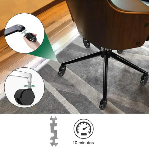 Heavy Duty Office Chair Caster Wheels With Threaded Stem Three Eighths 16X1, installed on an office chair base, with tools and floor details.