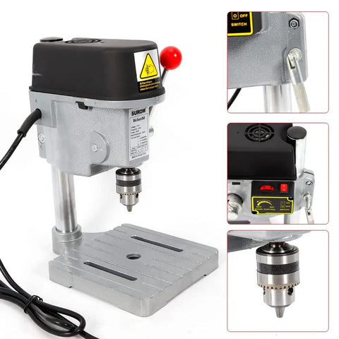 Hella Solid 340W Benchtop Drill Press With Three Speed Settings And Adjustable 1 To 10Mm Chuck for woodworking and light metal drilling.