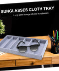 Smooth Six Grid Eyewear Display Holder And Jewelry Storage Plate Featuring A Zero Hassle Clear Cover Soft Lined Tray for sunglasses on desktop.