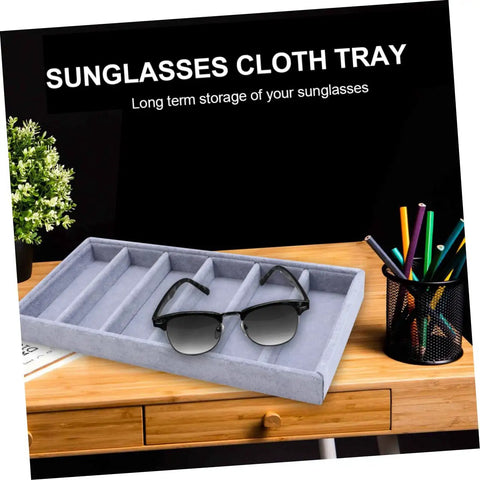 Smooth Six Grid Eyewear Display Holder And Jewelry Storage Plate Featuring A Zero Hassle Clear Cover Soft Lined Tray for sunglasses on desktop.