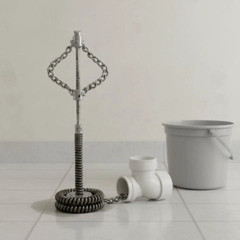 Heavy Duty Auger Chain Drain Cleaning Knocker For Plumbers with double chain cutter head and pipe fitting on tiles.