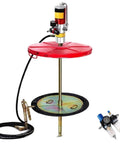 Heavy Duty Pneumatic Grease Gun With A 50 To 1 Air Operated Pressure Ratio Extended Tube For Construction And Farm Equipment No Sweat Lubrication Setup on a red platform with air hose.