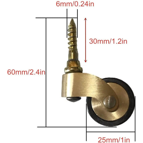 Antique Style Brass Caster Wheels 25mm, Heavy Duty 360 Degree Swivel Casters With Vintage Rubber, Easy Screw In Install