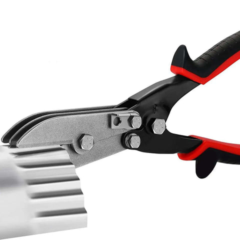 Five Blade Sheet Metal Crimping Tool For HVAC Pipes And Stove Vents, heavy duty hand crimper in action on metal, rubber handle