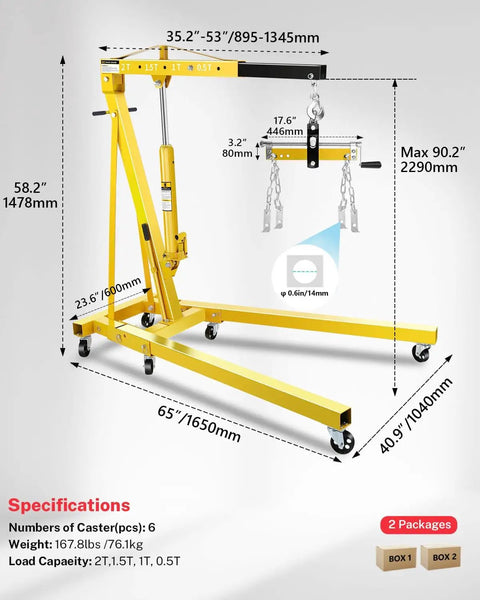 Built Tough Two Ton Hydraulic Engine Hoist Crane Featuring Rock Solid Folding Frame with detailed specifications and measurements.