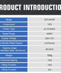 Image displaying specifications for Electric Tapping Machine M3 To M16 With 360 Degree Arm Auto Oil Adding Collets Included Portable EDM Tap Remover And Tap Burner EDM 8C For Aluminum Copper Steel Cast Iron.
