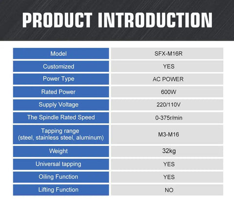 Image displaying specifications for Electric Tapping Machine M3 To M16 With 360 Degree Arm Auto Oil Adding Collets Included Portable EDM Tap Remover And Tap Burner EDM 8C For Aluminum Copper Steel Cast Iron.