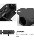 Heavy Duty Adjustable Sliding Latch Lock With Rust Proof Powder Coat Finish For Patio Gates And Yard Security Plus Tough As Nails Aluminum Build And Hella Secure Grip showing durable black aluminum latch and mechanism.