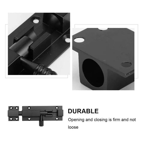 Heavy Duty Adjustable Sliding Latch Lock With Rust Proof Powder Coat Finish For Patio Gates And Yard Security Plus Tough As Nails Aluminum Build And Hella Secure Grip showing durable black aluminum latch and mechanism.