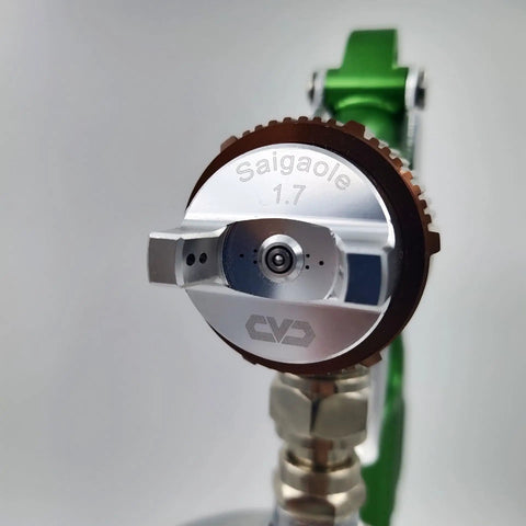 Professional Grade Built Tough Bottom Feed Paint Spray Gun With One Liter Cup And 1.7 Mm Nozzle close-up of nozzle detailing.
