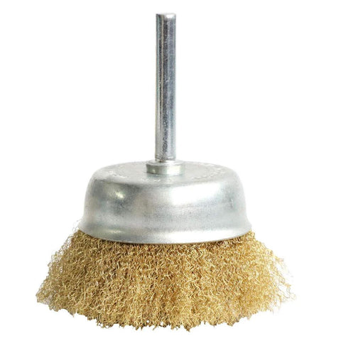 Brass wire cup brush for drills with 1/4-inch shank; 0.13mm true brass wire