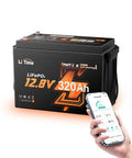 Heavy Duty 12 Volt LifePO4 Battery 320Ah showing smart management features and self-heating for RV and off-grid use.