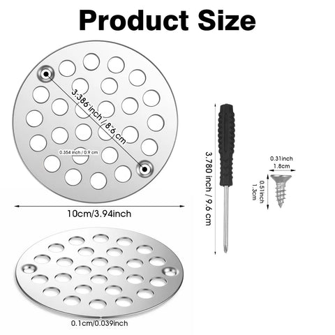 Round 4 Inch Screw-in Shower Drain Cover Strainer Kit with Screws and Screwdriver Universal Floor Drain Insert showing size and specifications.