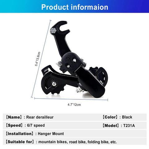 Beefed Up Rear Derailleur RD TZ31 A 6 7 Speed Hanger Mount Suspension in black for mountain, kids, commuter bikes, product dimensions shown.
