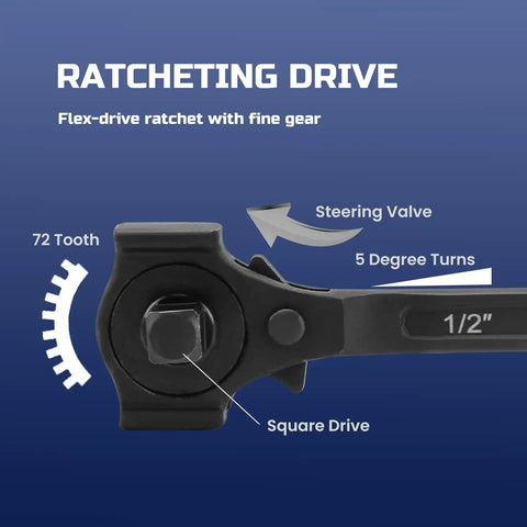 Close-up of dual head ratchet spud wrench in three eighths by one half inch from Three Piece Spud Wrench Set Heavy Duty.