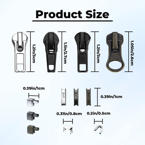 Ultimate 39 Piece Zipper Repair Kit With Replacement Sliders And Teeth for backpacks tents jackets and luggage sizes shown