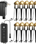 Ten landscape spotlights with sensor and 5 lighting modes, dimmable timer, low voltage, and waterproof for outdoor use.