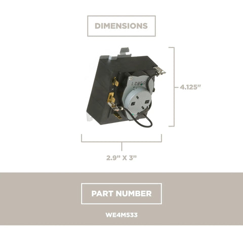 OEM Dryer Timer WE4M533 Replacement Part for Electric and Gas Dryers with dimensions marked, part number visible