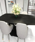Gotta Have This Slick Black Peel And Stick Vinyl Wrap For Kitchen Countertops And Walls on a dining table with white chairs and flowers.