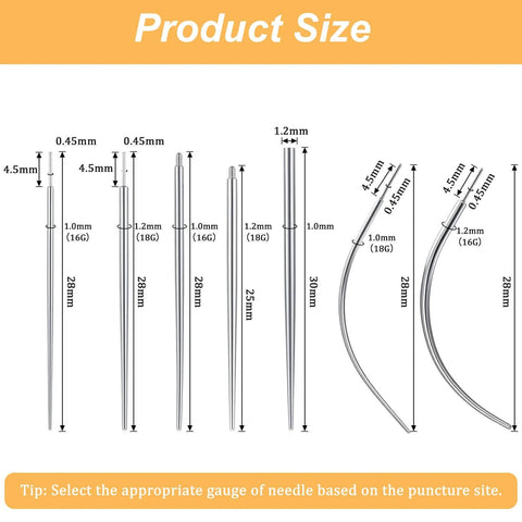 Size chart of 8 piercing tools in 16G 18G Piercing Taper And Pro Grade Ball Grabber Tool Set for easy jewelry changes.
