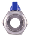 Front view of Mini Ball Valve Three Quarter Inch Stainless Steel 304 Reduced Port 1000 PSI For Water Oil And Gas with blue handle.