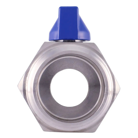 Front view of Mini Ball Valve Three Quarter Inch Stainless Steel 304 Reduced Port 1000 PSI For Water Oil And Gas with blue handle.