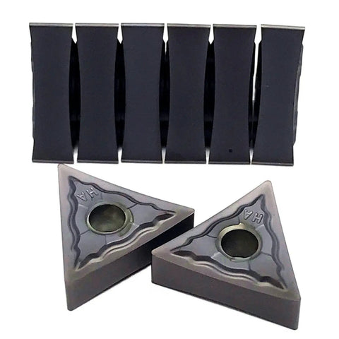Grab This Hot Deal On Ten PC9030 Carbide Turning Inserts For CNC Steel Milling And Lathe Operations With Serious Wear Resistance And Tough Precision Cutting Performance To Get Your Shop Stuff Done Fast - set of ten triangular carbide inserts.