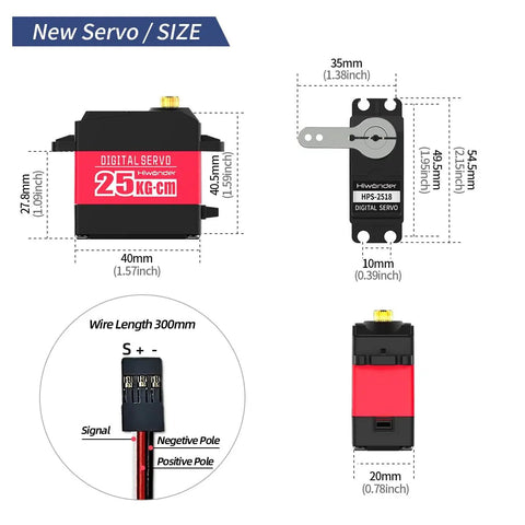 Dimensions and specifications of Beefy Torque 25Kg Digital Servo Motor With High Torque PWM Waterproof Full Metal Gear Steering Servo
