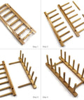 Slick Countertop Space Saver Bamboo Dish Rack And Vertical Plate Lid Organizer Holds Six Cutting Boards And Cups Books in assembly stages.