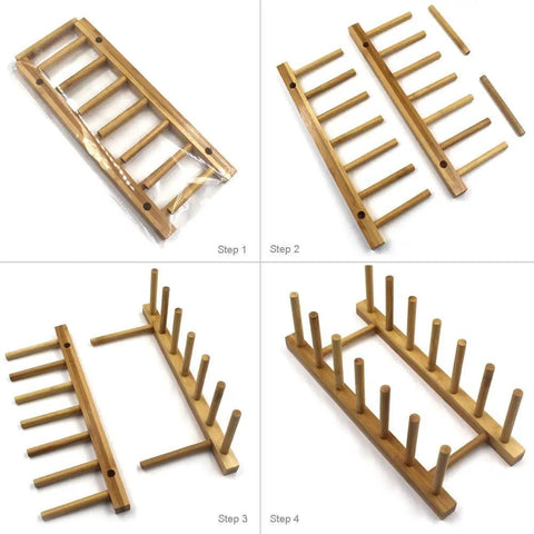 Slick Countertop Space Saver Bamboo Dish Rack And Vertical Plate Lid Organizer Holds Six Cutting Boards And Cups Books in assembly stages.