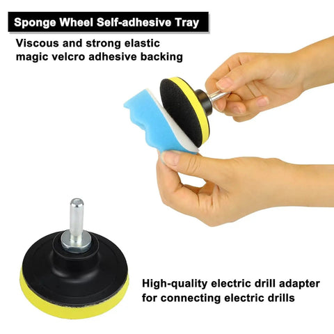 Hands holding foam and wool pads with drill adapter from Go To Car Detailing Kit With Foam Polishing Pads And Wool Buffing Pads