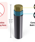 Diagram of Ultra Thin 20.5mm 6 Spline Lug Nut Socket Tuner Key showing dual 19mm and 21mm hex compatibility and height of 90mm.