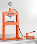 10 Ton H-Frame Hydraulic Shop Press With Plate And Base on metallic surface, used for bending and stamping metal parts.