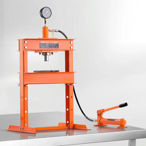 10 Ton H-Frame Hydraulic Shop Press With Plate And Base on metallic surface, used for bending and stamping metal parts.