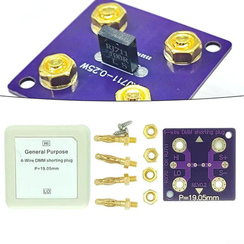 4 Wire Short Socket for DMM Calibration with gold plated banana connectors, PCB assembly, resistance verification tool parts.