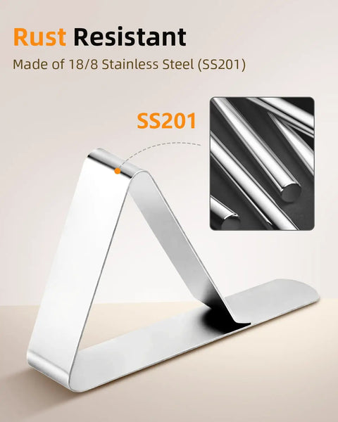 12 Pack Heavy Duty Tablecloth Clips, Stainless Steel Rust Proof Clamps showing triangular design and material details