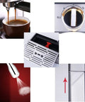 Dope Smart Home Espresso Machine With 15 Bar Extraction, 2L Water Tank, One Button Operation, milk frother detail and controls.