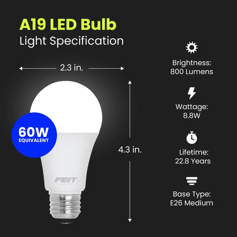 A19 LED Light Bulb 60W Equivalent Dimmable 800 Lumens 3000K Warm White E26 Medium Base UL Listed Damp Rated 4 Pack CRI 90 specifications