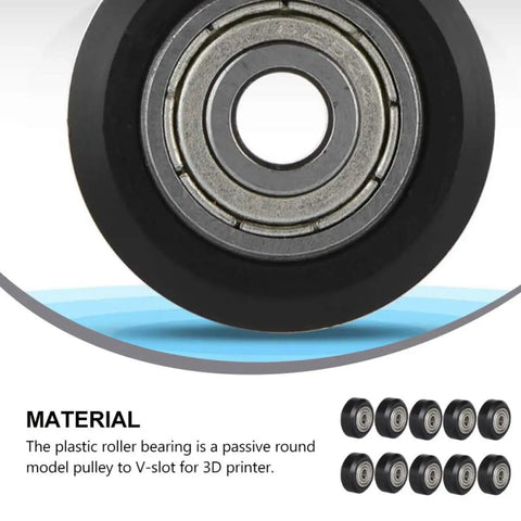 Close-up of a 10 Piece Black Plastic V Groove Ball Bearing Wheel For 3D Printer with oiled bearings for smooth motion.
