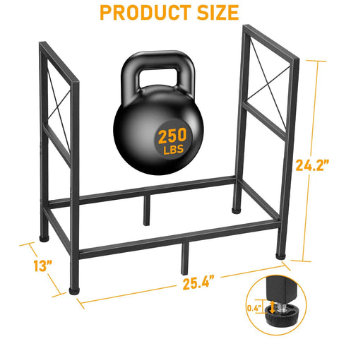 Built Tough Heavy Duty Firewood Rack For Indoor And Outdoor Use 2ft Log Storage Holder with size dimensions and weight capacity.