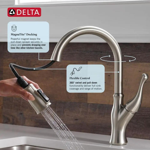 Close-up of Modern Single Handle Kitchen Sink Faucet With Smooth As Silk Pull Down Sprayer In Grime Resistant Brushed Nickel, showcasing flexible control.