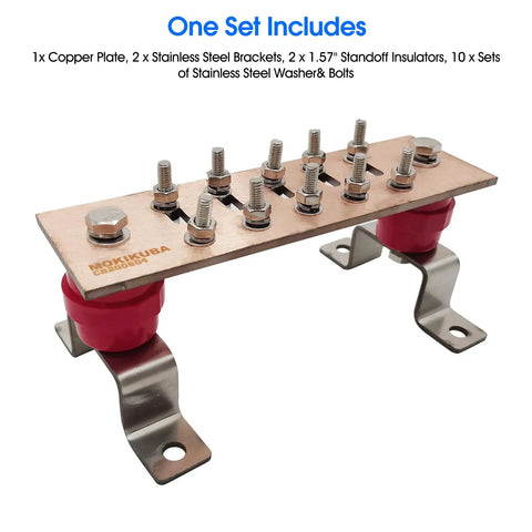 Heavy Duty Copper Ground Bus Bar Kit 7.88 Inch By 2.36 Inch By 0.157 Inch With One Quarter Inch Terminal Positions, UL Listed Copper Plate