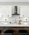 Modern kitchen featuring 50 Pack Matte Black 3 Inch Square Cabinet Pulls, Super Solid Stainless Steel Kitchen Hardware on white cabinets.
