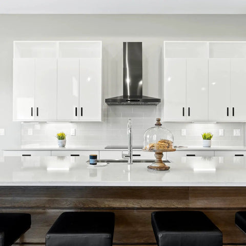 Modern kitchen featuring 50 Pack Matte Black 3 Inch Square Cabinet Pulls, Super Solid Stainless Steel Kitchen Hardware on white cabinets.