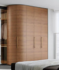 Six Pack Dark Champagne Bronze Cabinet Pulls Set With 12.6 Inch Hole Center Zinc Alloy Kitchen Drawer Handles And 14.2 Inch Overall Length Includes Two Screws Each Model 1814 CB 320 on a wooden wardrobe in a modern bedroom.