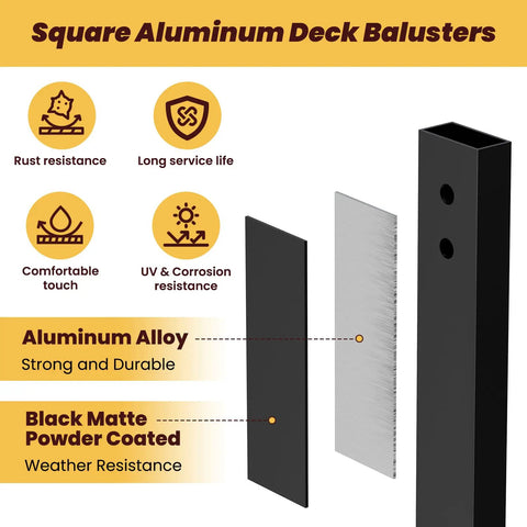 Rock Solid Black Aluminum Balusters 50 Pack 32 25 Inch Rust Proof Deck Spindles With Screws And Spacing Jig For Porch Staircase Balcony Railings Built Tough No Sweat Upgrade showing square aluminum deck balusters with features.