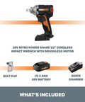 20-Volt One-Half Inch Cordless Impact Wrench With Brushless Motor, Battery And Charger Included, Model WX272L, Three-Speed Control
