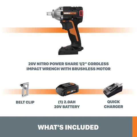 20-Volt One-Half Inch Cordless Impact Wrench With Brushless Motor, Battery And Charger Included, Model WX272L, Three-Speed Control