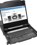 Eight Port Rackmount Console Kvm Switch With 17 Inch Lcd Display And Hdmi Ports showing open console with keyboard and software display.