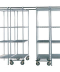 Heavy Duty Six Unit Chrome High Density Shelving Rack With A Sleek Silver Finish Building A Badass 12 Foot Modular Tracking System Measuring 48 By 18 By 88 Inches, featuring mobile shelves for easy storage.